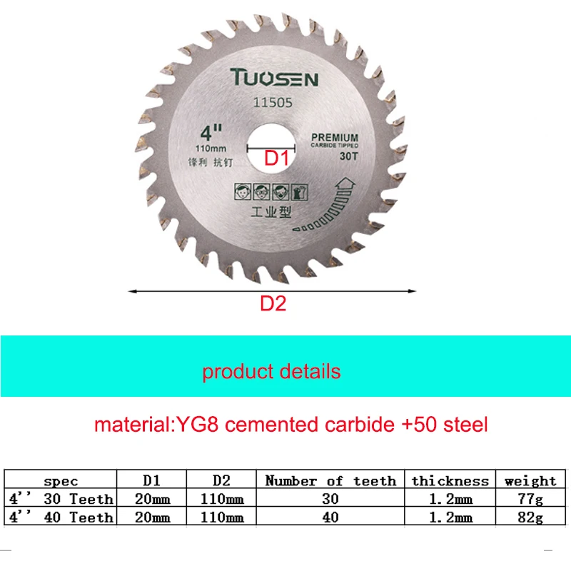 TUOSEN 2Pcs  4‘’ Circular Wood Saw Blade 30 and 40 Teeth Disc for Woodworking Cutting Tool Cemented Carbide Material