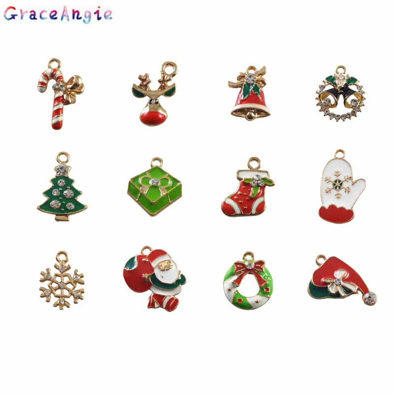 GraceAngie 12PCS Enamel Christmas Wholesale Mix Unique Xmas Pendants Snowflake Gift Jewelry Making Accessory