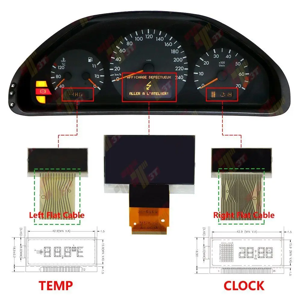 Dashboard LCD For Mercedes E-class(W210), right+left display and Soldering T-Iron + Rubber T-tips