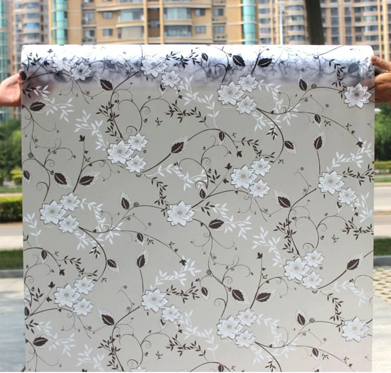 Flower Design Gluey Self-Adhesive Decorative Tinting Film, Advanced Fine Scrub, Windows Glass Printing Sticker, 90x500cm