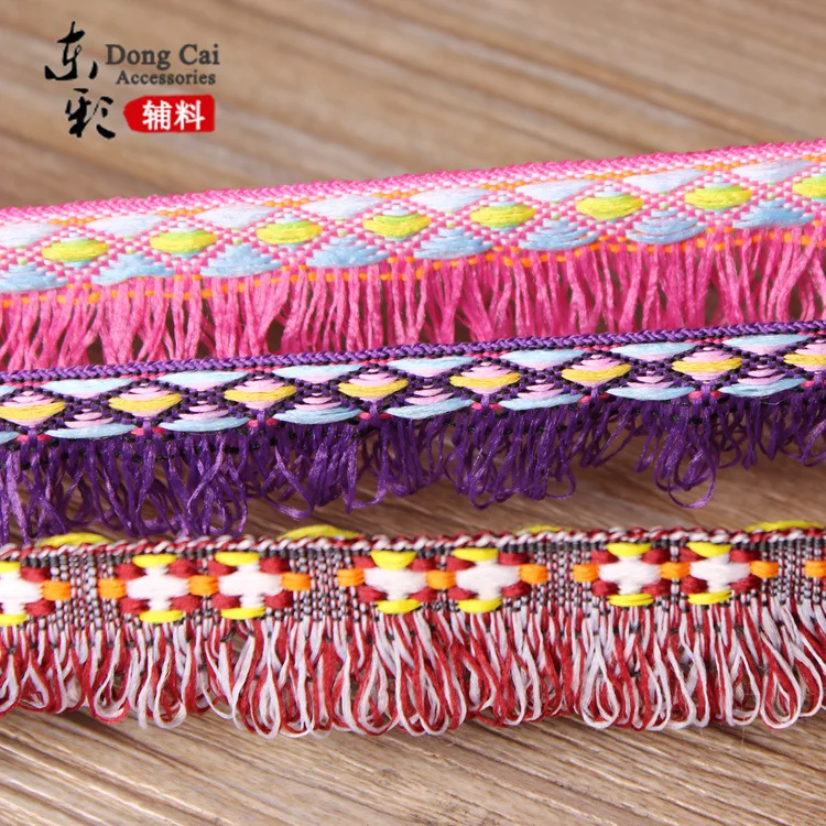 50yards/lot Multicolor National Embroidered Lace Fabric short tassel ribbon fringe lace trimming Sewing Accessories 2.3cm width