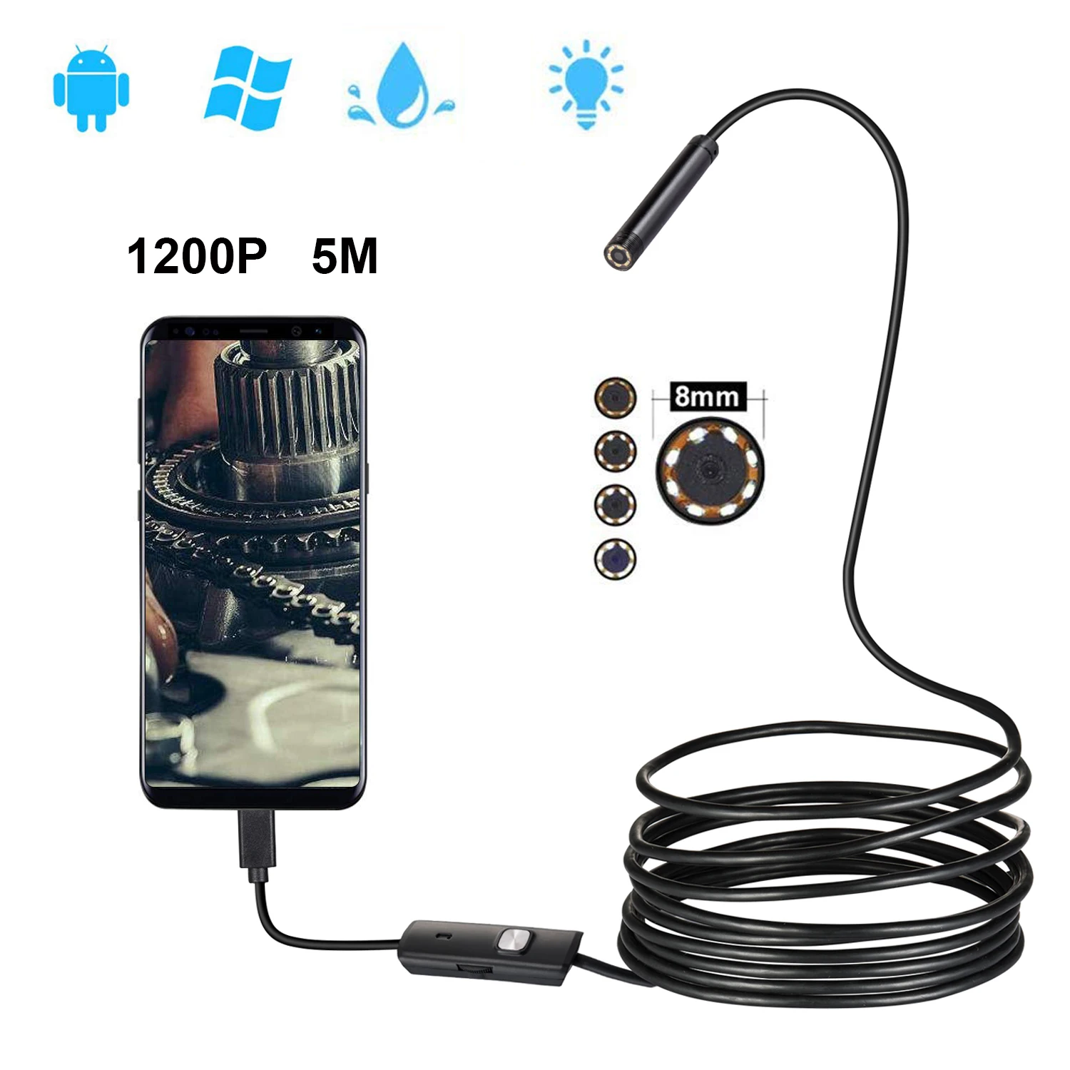 

1200P 8mm Android USB Borescope Endoscope Camera HD Waterproof MircoUSB Snake Inspection Flexibe Hard Wire 2m 3.5m 5m For PC MAC