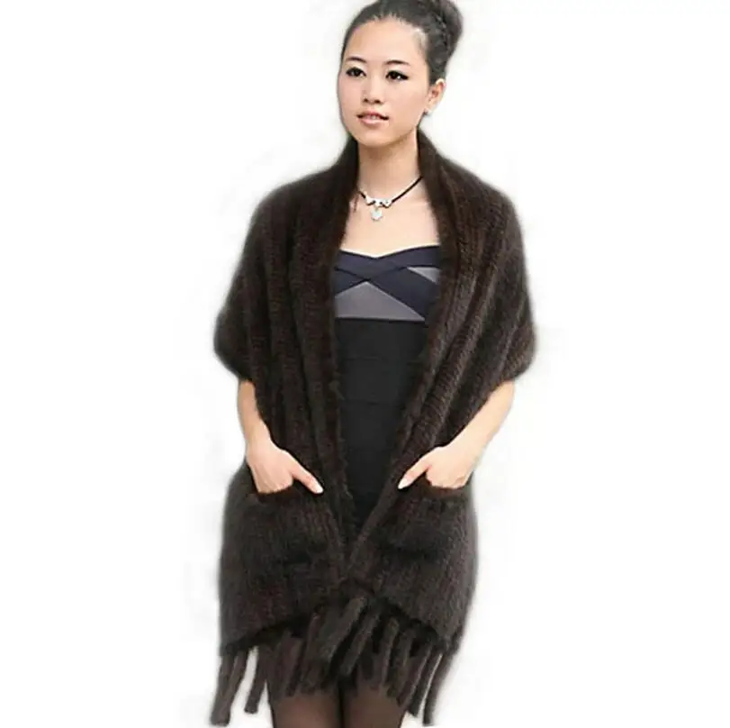 

Luxury Women's Genuine Real Knitted Mink Fur Scarves with Tassels Lady Pashmina Wraps Autumn Winter Women Fur Shawls