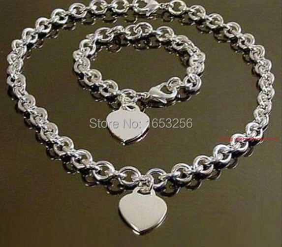 1set women\'s new stainless steel oval chain with heart charm necklace bracelet 19.6\'\' + 8\'\'