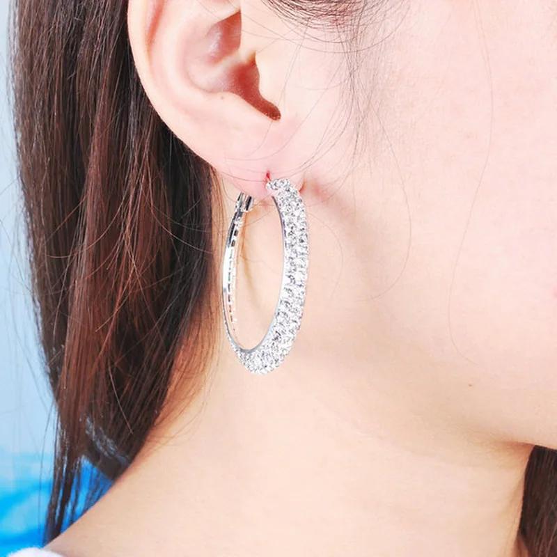 TREAZY Fashion Women Jewelry Silver Plated 40MM 2Rows Diamante Rhinestone Crystal Earrings Round Hoop Earrings Wedding Jewelry