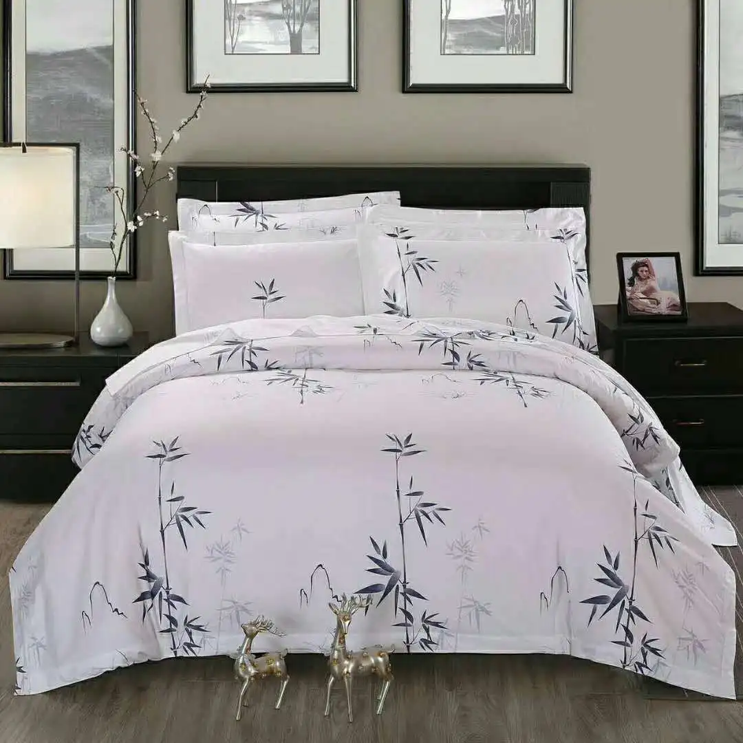 Modern Lotus Cotton Printed Flower Bedding Set Wedding Bamboo Printing Flat Bed Sheet set Duvet Cover Pillowcase Queen King 4pcs