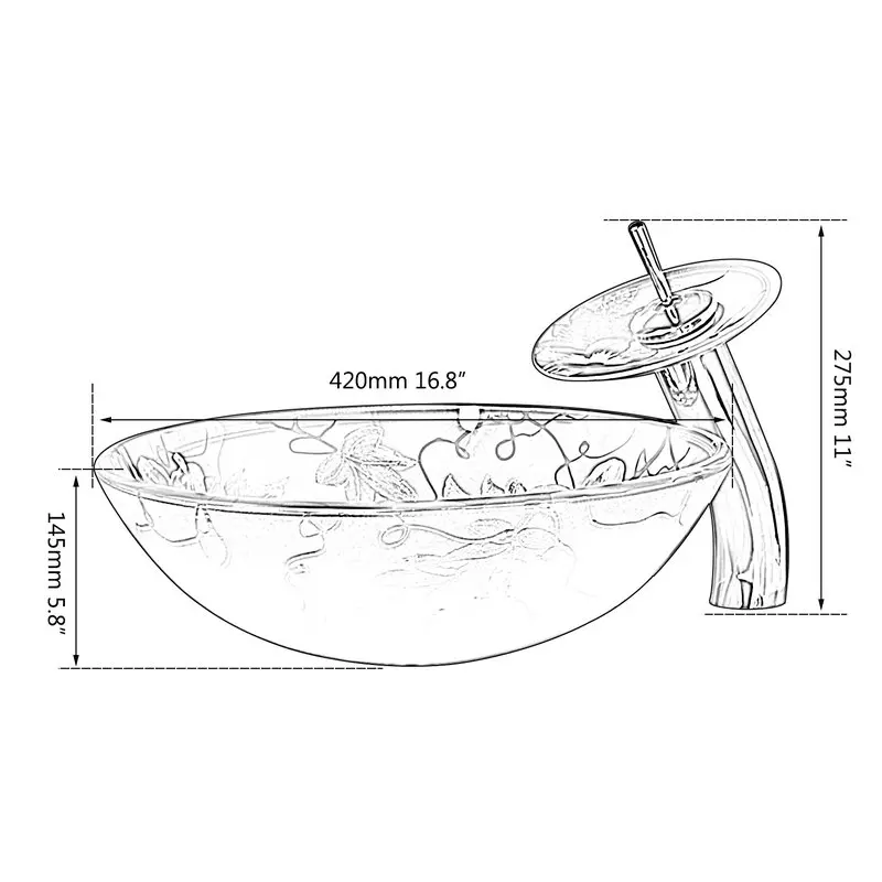 Monite Lotus Flower Waterfall Chrome Polish Art Hand Paint Bathroom Basin Round Washbasin Faucet Tempered Glass Vessel Sink Set