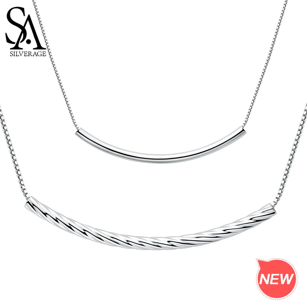 SA SILVERAGE Real 925 Sterling Silver Tube Pendant Necklace for Woman Bent Pipe Silver Necklaces Two Types Silver Necklace 925