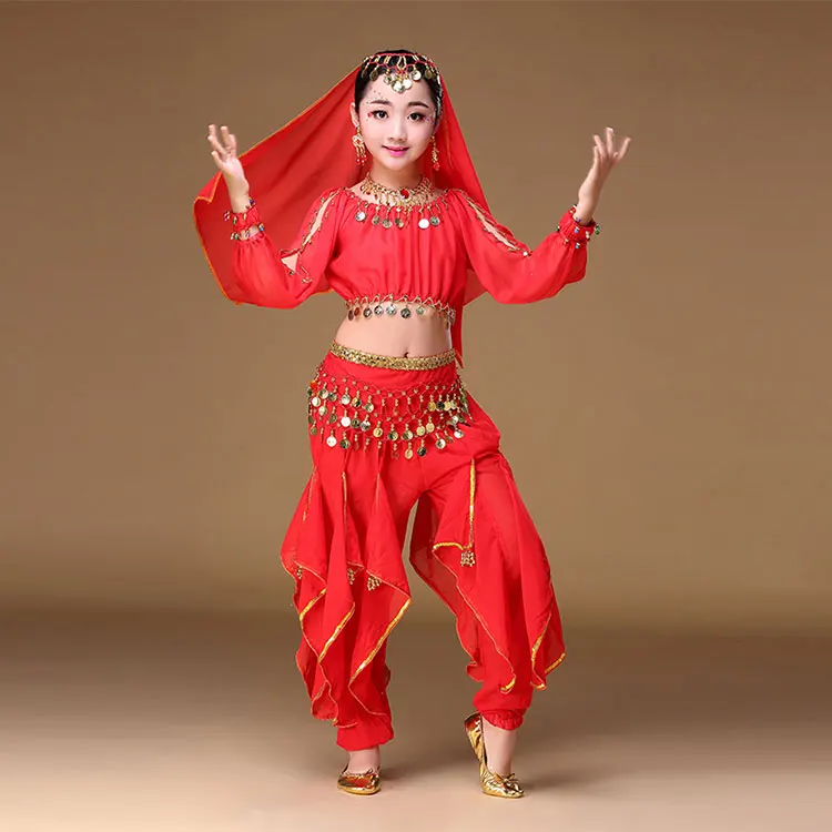 Indian Children Indian Dance 4 piece Costume Set (Top, Belt, Skirt and Head Pieces) Kids Bollywood Dance Costumes for Girls