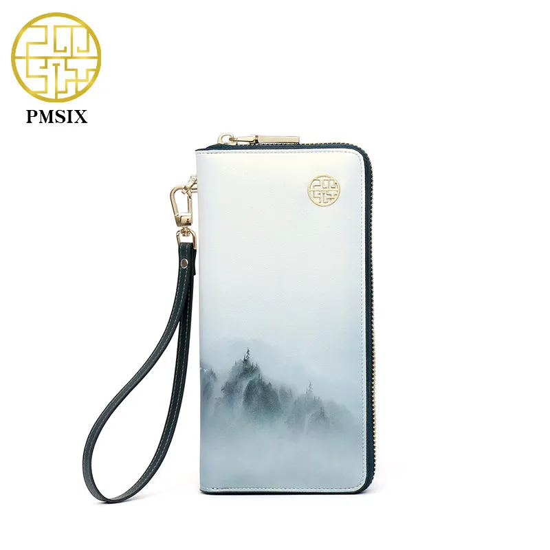 Pmsix 2021 New Fashion Landscape Printed Leather Women Wallet Elegant Long White Ladies\' clutch Bag Coin Card Holder Purse