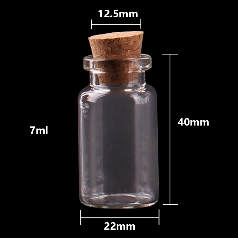 Size 22*40*12.5mm 7ml Mini Glass Perfume Spice Bottles Tiny Jars Vials With Cork Stopper pendant crafts wedding gift 100pcs