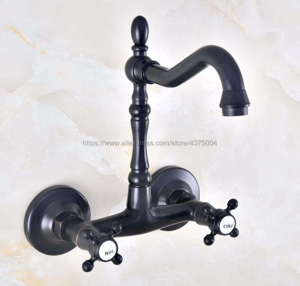 Oil Rubbed Bronze Bathroom Basin Sink Mix Tap Dual Handles Wall Mounted Kitchen Basin Sink Mixer Faucet Nnf457