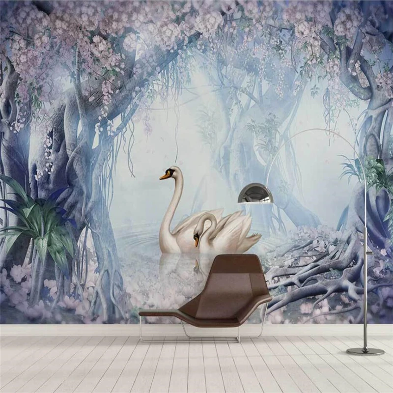 

wellyu Dream Swan romantic forest wall TV sofa custom large mural green wallpaper papel de parede para quarto