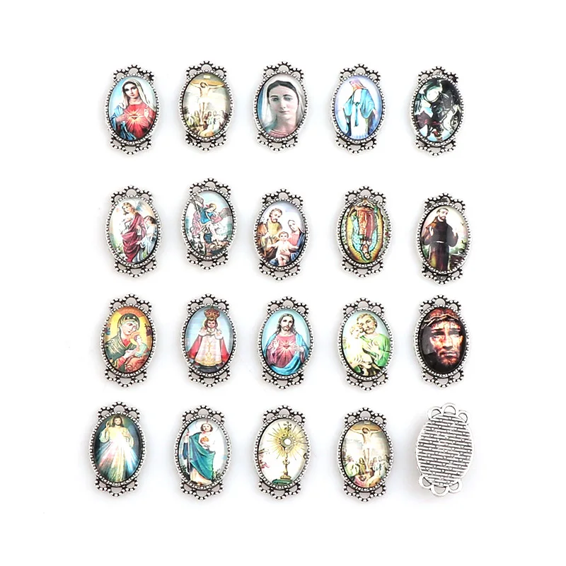 20pcs 15x26mm Oval Glass Cabochons Religion Silver&Gold Zinc Alloy Rosary Charms Pendants DIY Jewelry Saint Rita Accessories