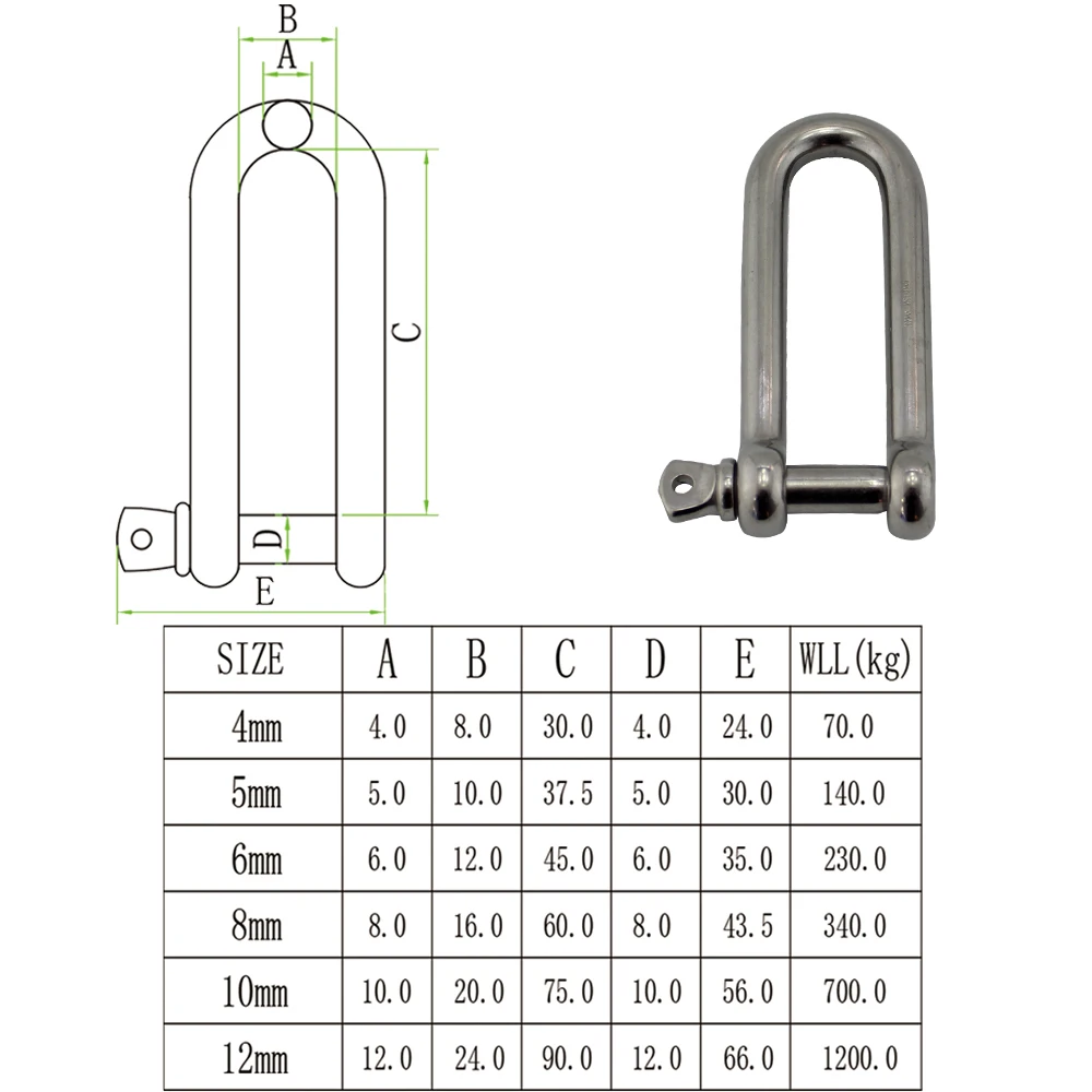 Marine Grade Lange D Schäkel Edelstahl AISI 316 Lange D Rigging Schraube Pin Schäkel Haken rigging hardware M8 M10 m12