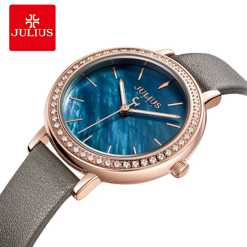 Julius watch Women\'s Watch Leather Band Luxury Blue Mother of Pearl Dial Set Diamond Case Rose Gold Montre Femme Relojes JA-1036