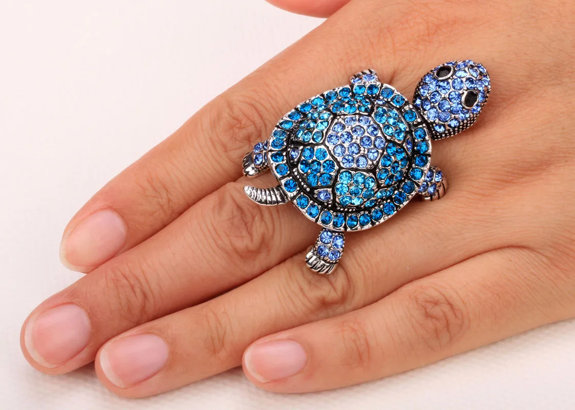 Shaky turtle tortoise stretch ring for women summer fashion jewelry W crystal antique gold & silver color wholesale dropship