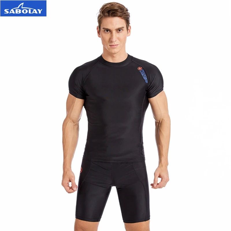 

SABOLAY Men Rashguard lycra Tight Beach Shirt Short Trunk Quick Dry Swimsuit Surf Sunscreen UV Protection Rash Guard Diving Suit