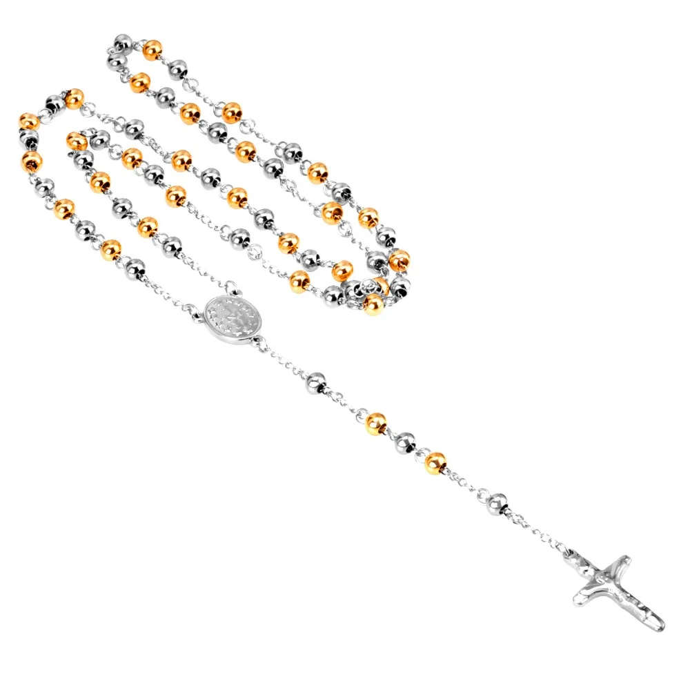 

LUXUSTEEL Bead Rosary Chain Cross Pendant Necklaces Virgin Mary Long Necklaces For Women Jewelry Gift