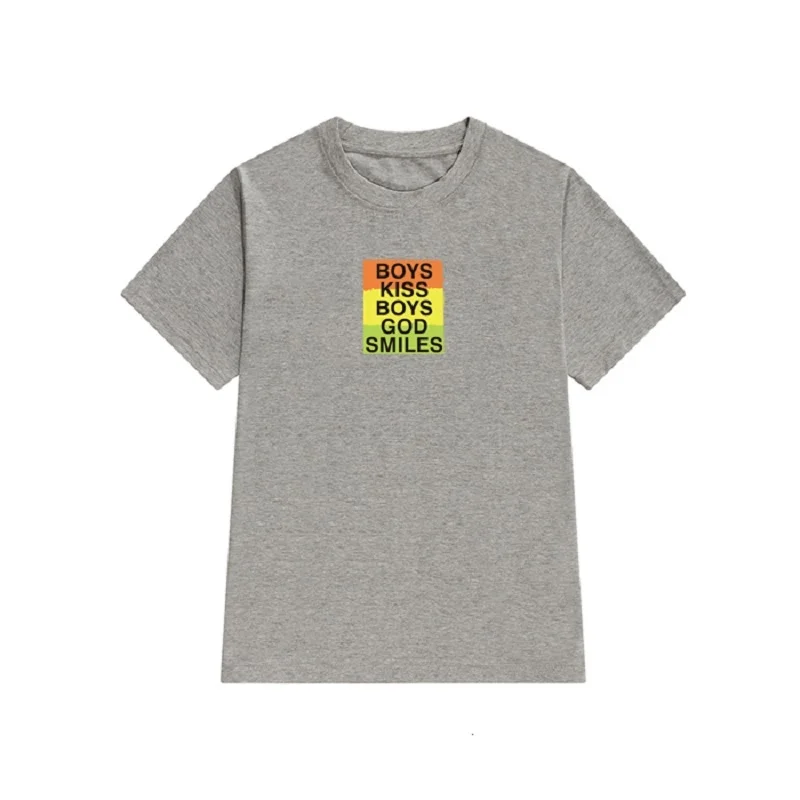 hahayule 1pcs Cool Harajuku Tee Boys Kiss Boys God Smiles Letter Print Women T-Shirt Rainbow Pattern Loose Tumblr Top Tee image 6