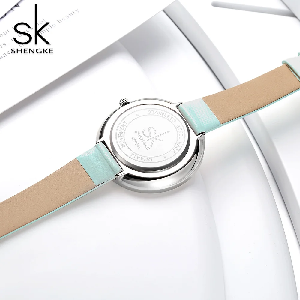 SHENGKE New Skyblue Leather Strap Buckle Women Watches 38 MM Big Top Brand Simple Dial Quartz Luxury Ladies Watch Reloj Mujer