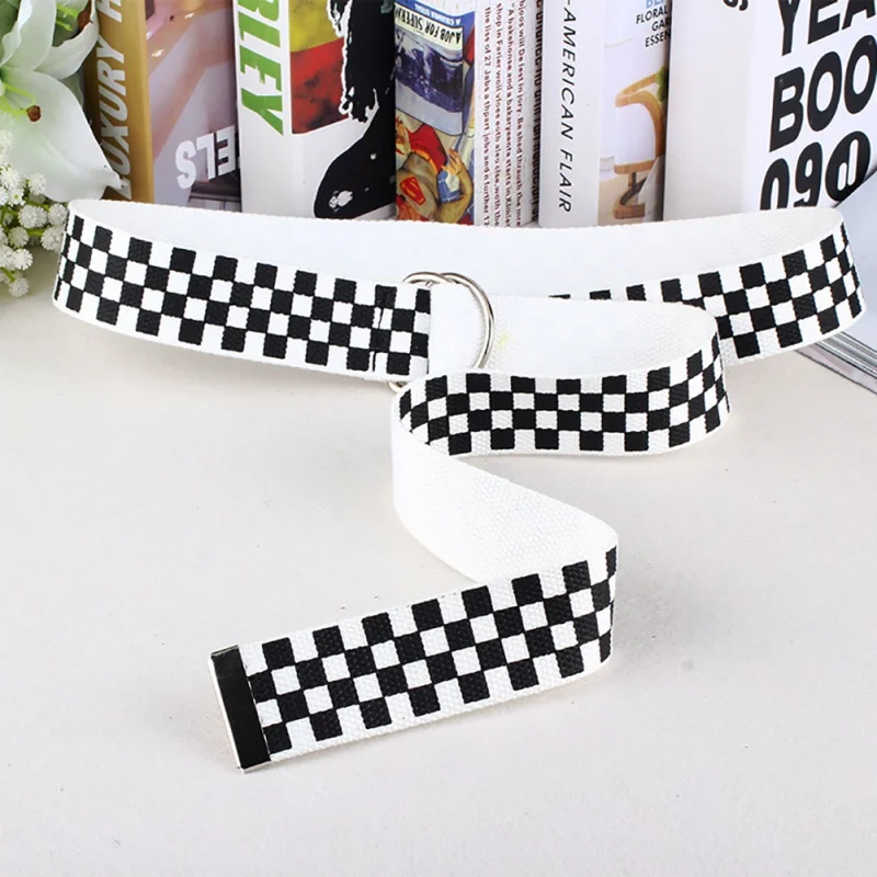 Fashion Women Double Stirrup Tartan Printed Nylon Canvas Belts Harajuku Checkerboard Couple Plaid Long Canvas Belt Waistband