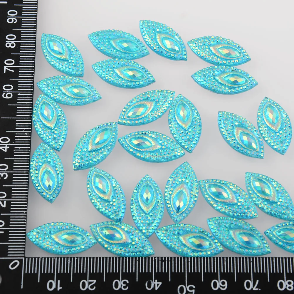 BOLIAO 20Pcs 11*22 mm (0.43*0.87 in) AB Color Horse eye Shape Light Blue Resin Flatback Sew On Clothes/Home Decor Crafts DIY