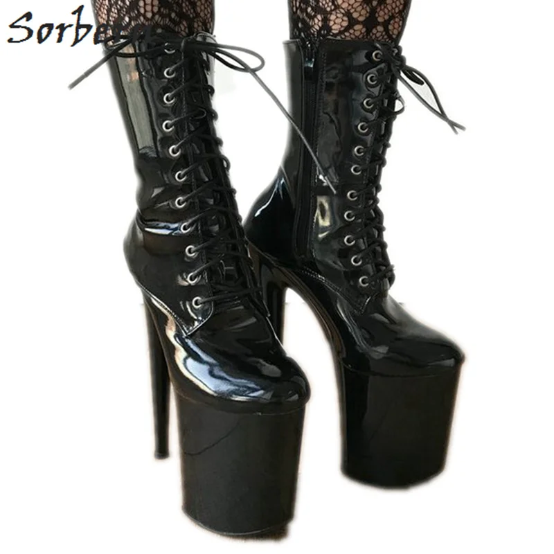 

Sorbern Wide Calf Black Crossdressed Heels Pole Dance Dominatrix Short Female Boots Spike High Heels 20Cm Platform Shoes Size 11