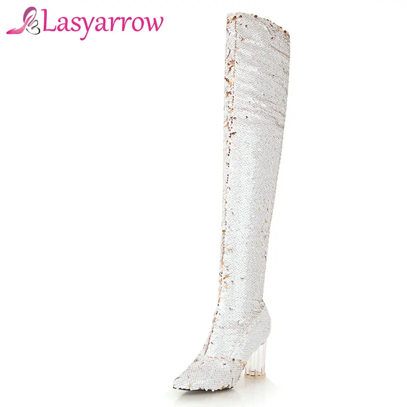 Lasyarrow Autumn Winter High Heels Sexy Over The Knee Boots Gold Silver Knight Boots Glitter Bling Bling Women Nightclub Boots