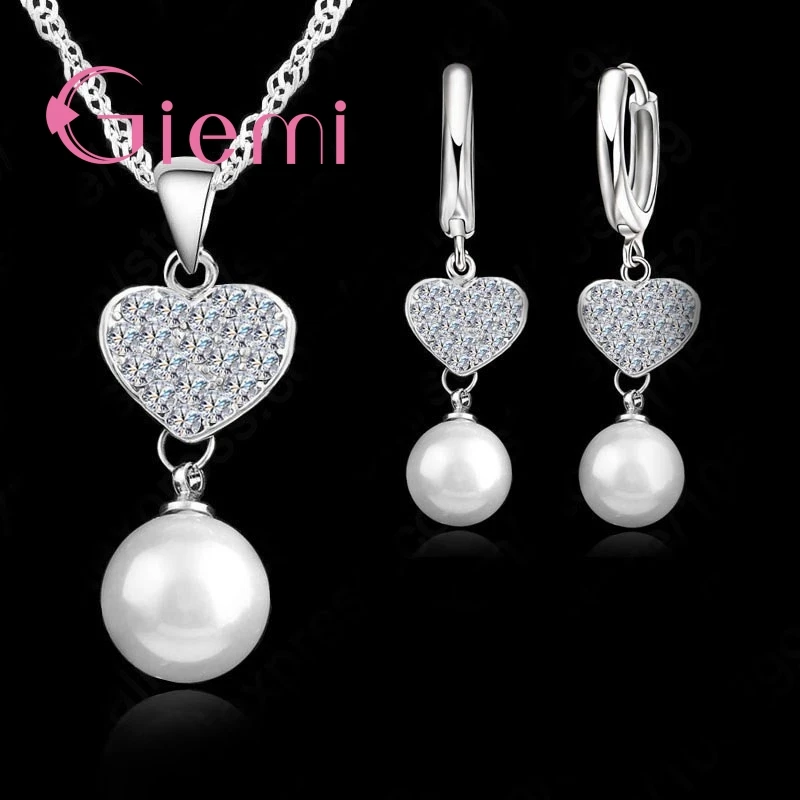 Factory Price Hot Heart Shape Shinning Crystal Necklace EarringWedding Ceremony Jewelry Set 925 Sterling Silver