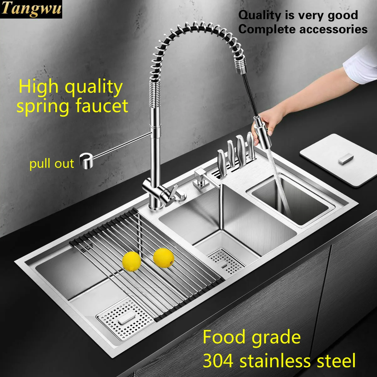 Tangwu Upscale luxurious big kitchen sink food grade 3 mm thick 304 stainless steel hand made double slot durable 90x45x21 CM