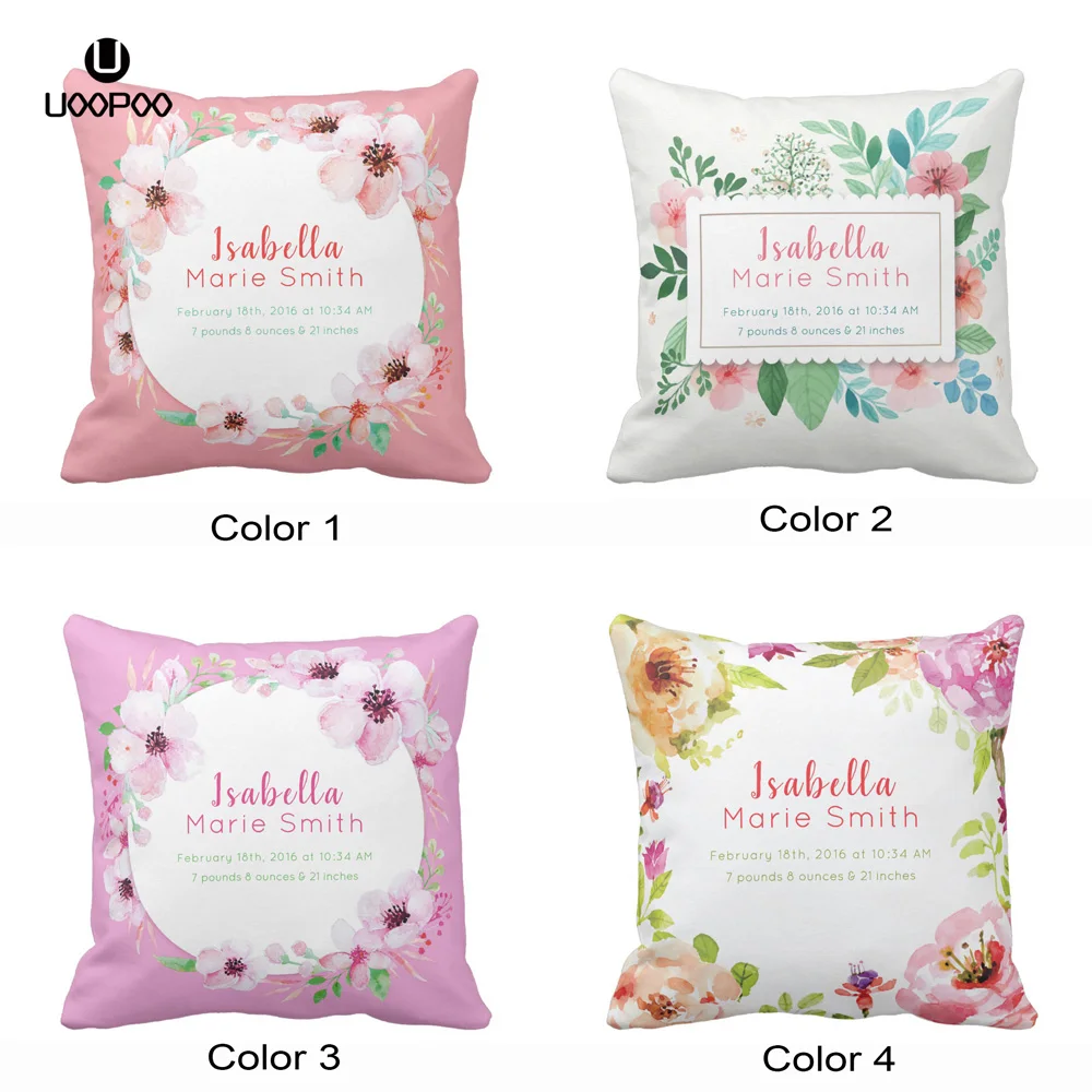 

Custom Baby Birth Stats Elegant Floral Girl Nursery Throw Pillow Cover Soft Polyester Home Decorative Cushion Cover Sofa