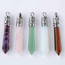 New Fashion Natural Stone Tiger Eye Pink Quartz Long Hexagonal Prism Healing Point Opal Necklace Pendant for Men Women Jewelry