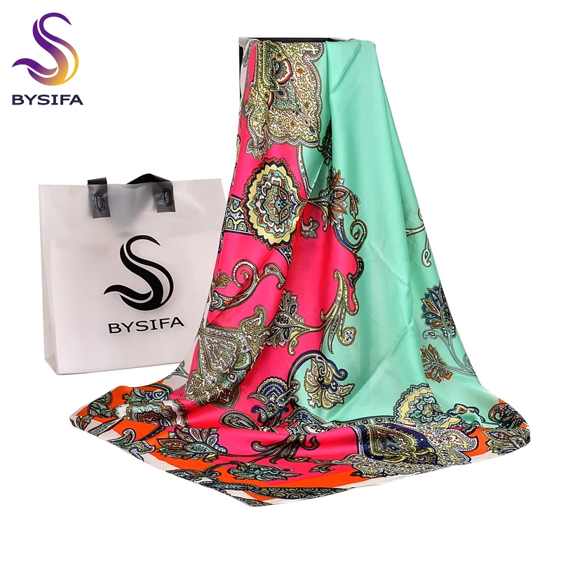 [BYSIFA] Brand Green Pink Silk Scarf Cape New Paisley Large Square Scarves Muslim Headscarves Women Satin Scarf Shawl 110*110cm