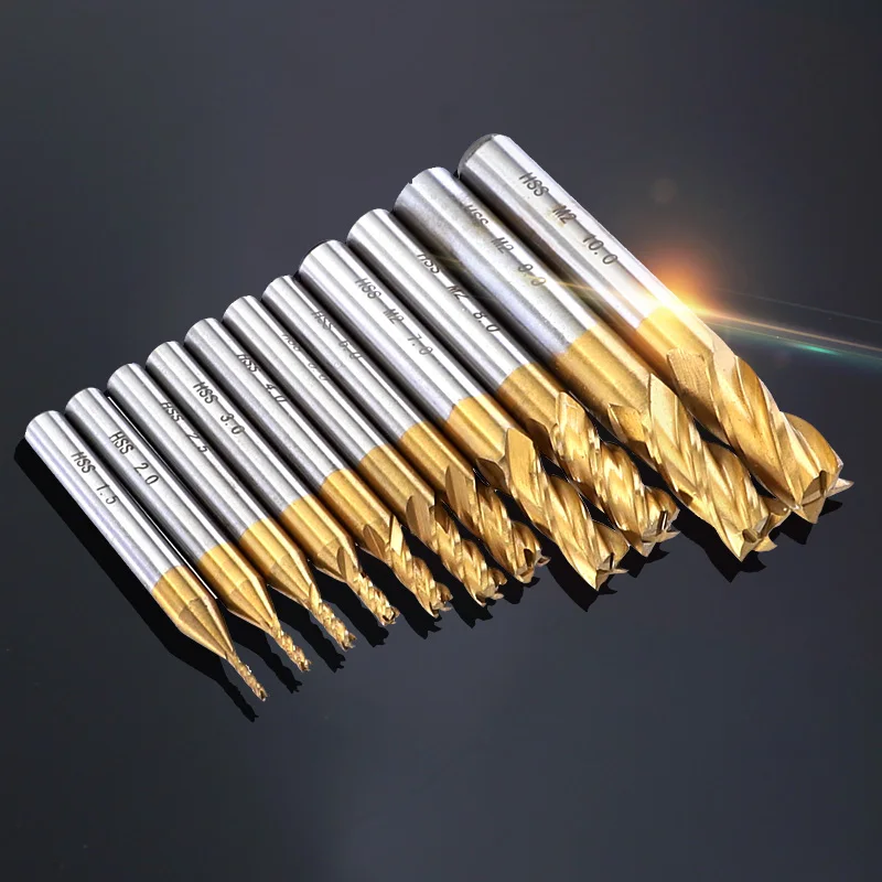 7pcs/11pcs Milling Cutters 4-Flute Titanium HSS End Mill Set 1.5-10mm CNC Router Bit for Wood Steel Milling