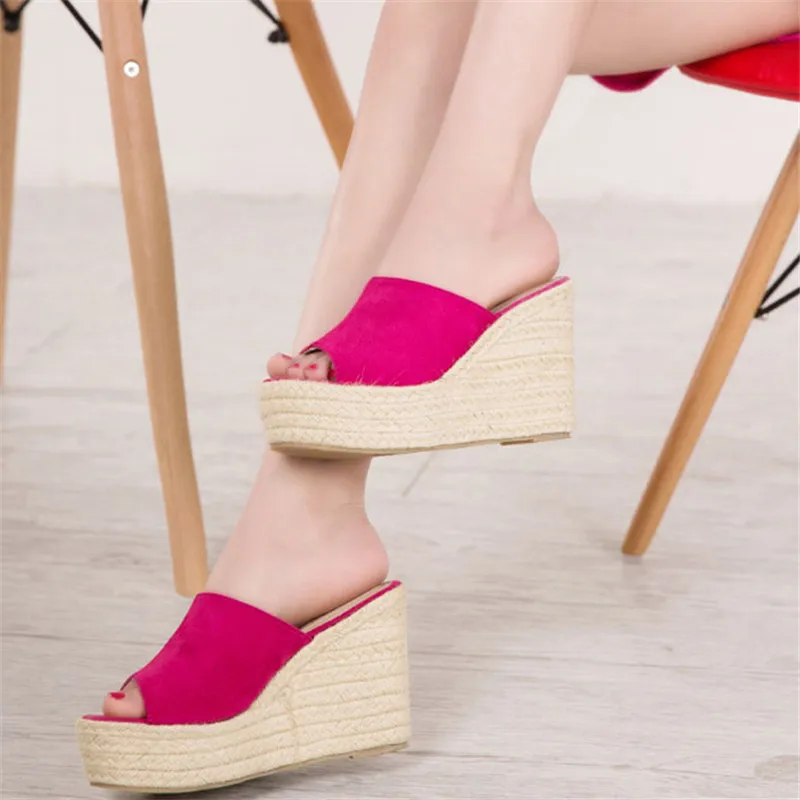 Brand Plus Size 30-43 Women Platform Wedges Slippers Summer Outside Black Woman Slides Sandals Mules Wedges High Heel Shoes Blue