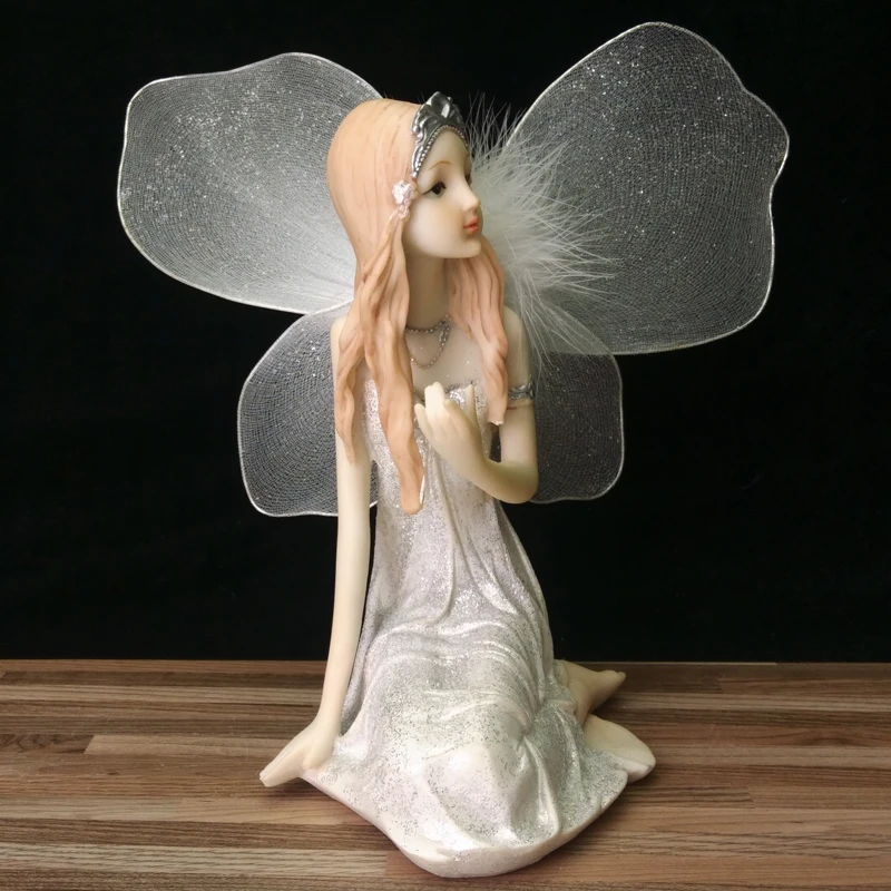 

White Fairy Statue Resin Ornament Garden Decoration Angel Figurine Peaceful Prayer Girl Sculpture Craft Retro Desktop Ornament