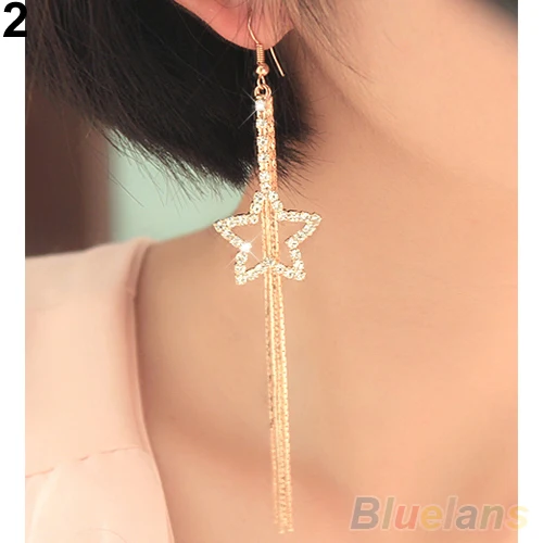 Women's Rhinestone Earring Pentacle Star Drop Long Tassels Chain Hook Dangle Linear Earrings Jewerly 2J7G