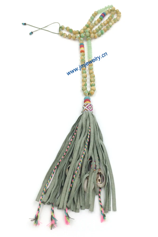 2016 New personalized handmade jewelry supplier long beaded chain leather tessal pendents unique boho long Necklaces for women