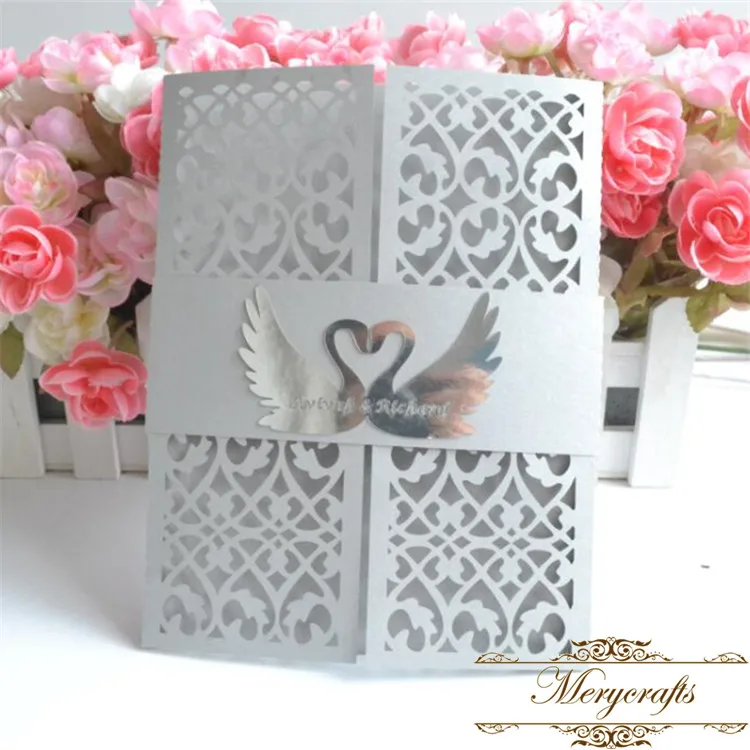 Poetic design laser cut swan elegant European wedding invitation card