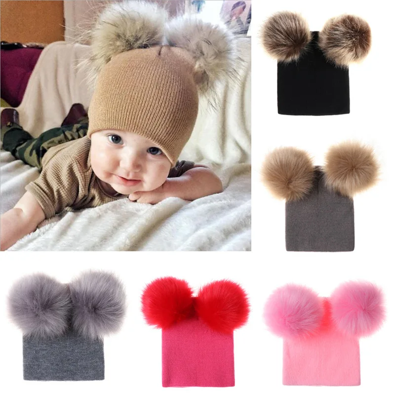 Baby Pompom Hat Winter Warmer Caps Knitted Beanie Fur Pom Pom Gorro bebe Boys Girls Kids Photography Props Cap 1pc
