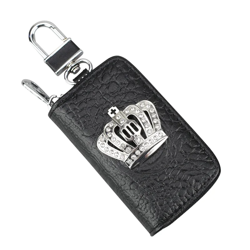 Crocodile Leather Crystal Crown Car Key Case Organizer Storage Bag Zipper Auto Key Holder Covers Men Drivers License Clips