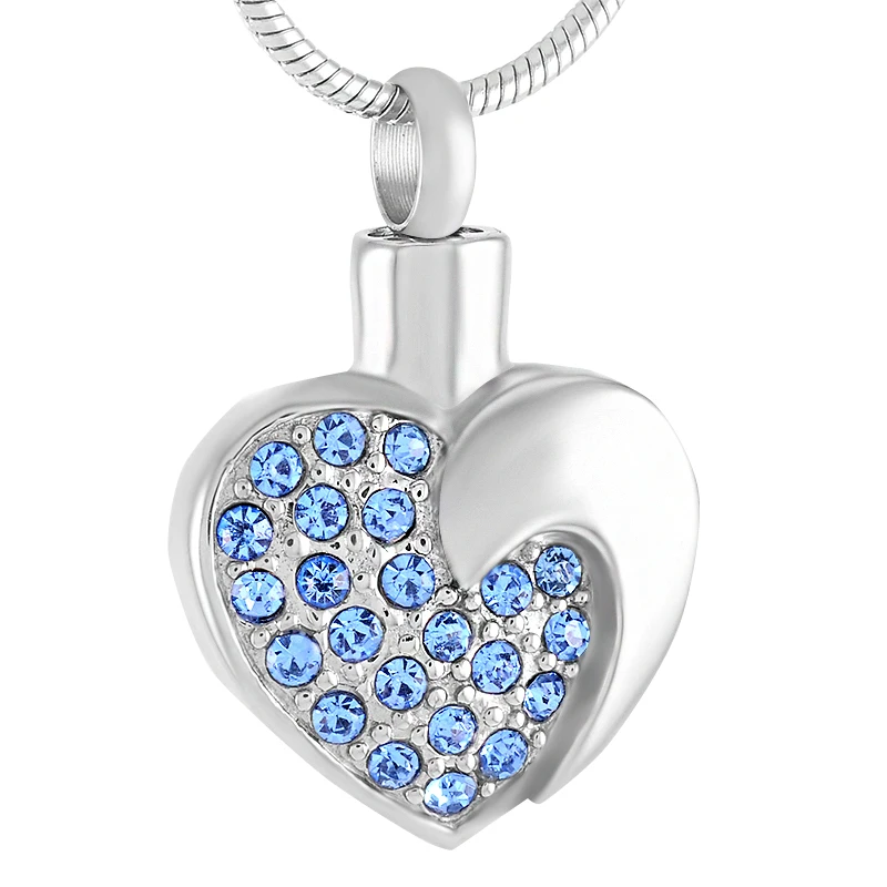 A Half Of Blue Crystal Heart Cremation Pendant Engravable Stainless Steel Blank Heart Memorial Urn Jewelry For Ashes with Funnel