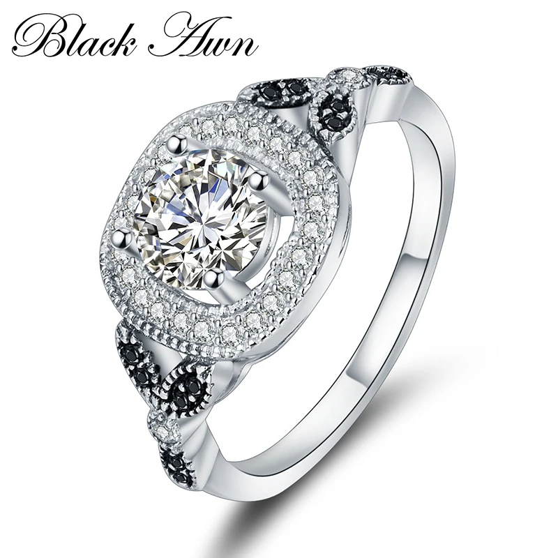 

[BLACK AWN] 925 Sterling Silver Black Spinel Stone Flower Wedding Rings for Women Fine Jewelry C311
