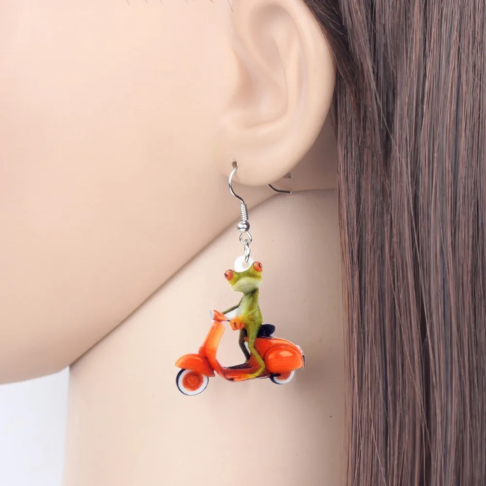 Bonsny Acrylic Fashion Electromobile Frog Earrings Drop Dangle Novelty Animal Jewelry For Women Girls Teens Kid Gift Accessories