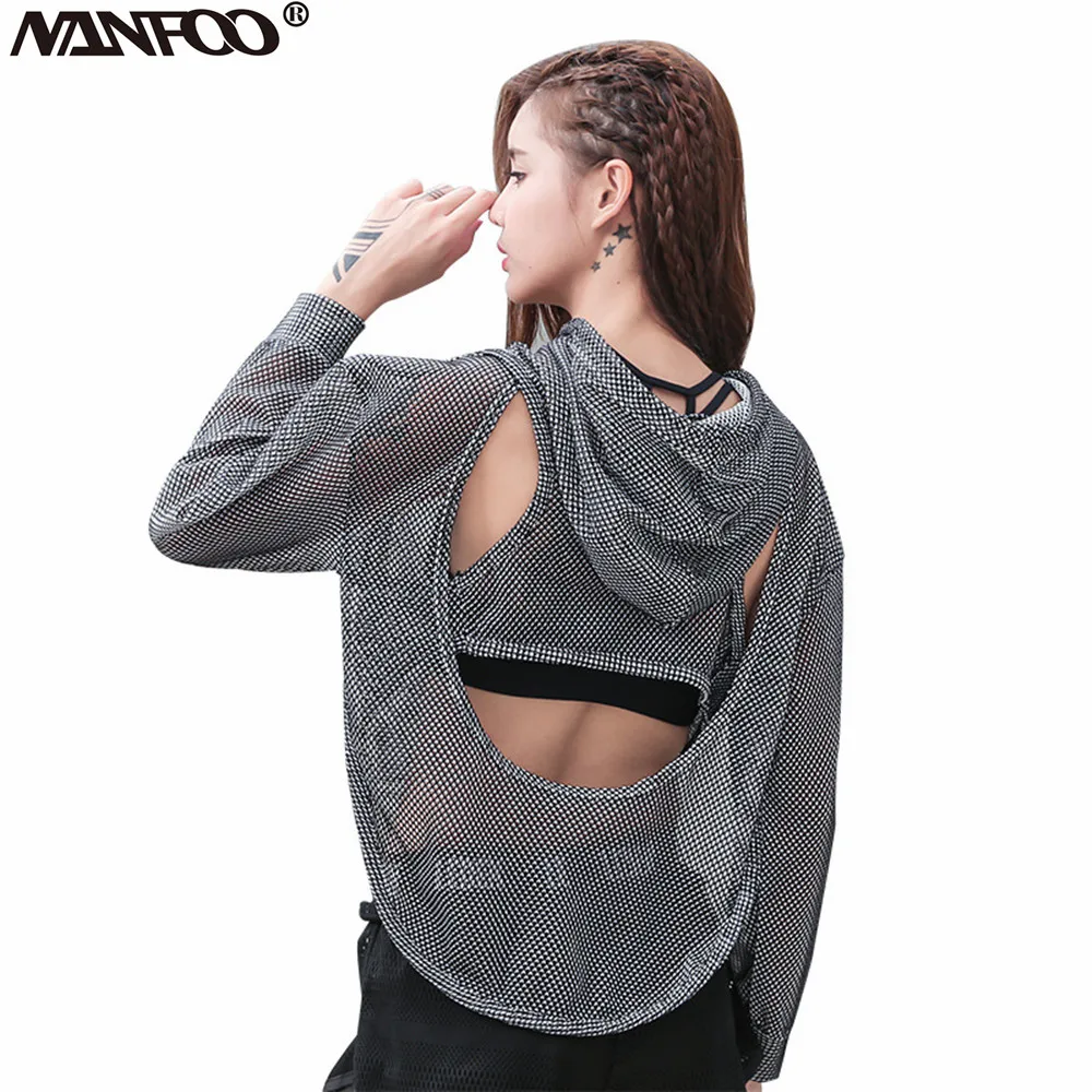 Nuovi 2 colori camicie sportive da corsa per donna manica lunga con cappuccio Yoga abbigliamento sportivo scava fuori indietro Sexy Gym Sport Smock