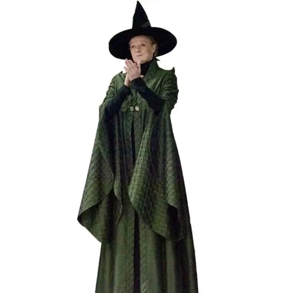 2019 Minerva McGonagall Dress Cosplay Costume Dark Green Cloak Trench Dress+Cloak+Hat