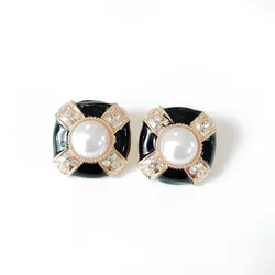 New Square Alloy Black Enamel Crystal Elegant Sweet Pearl Clip Earrings