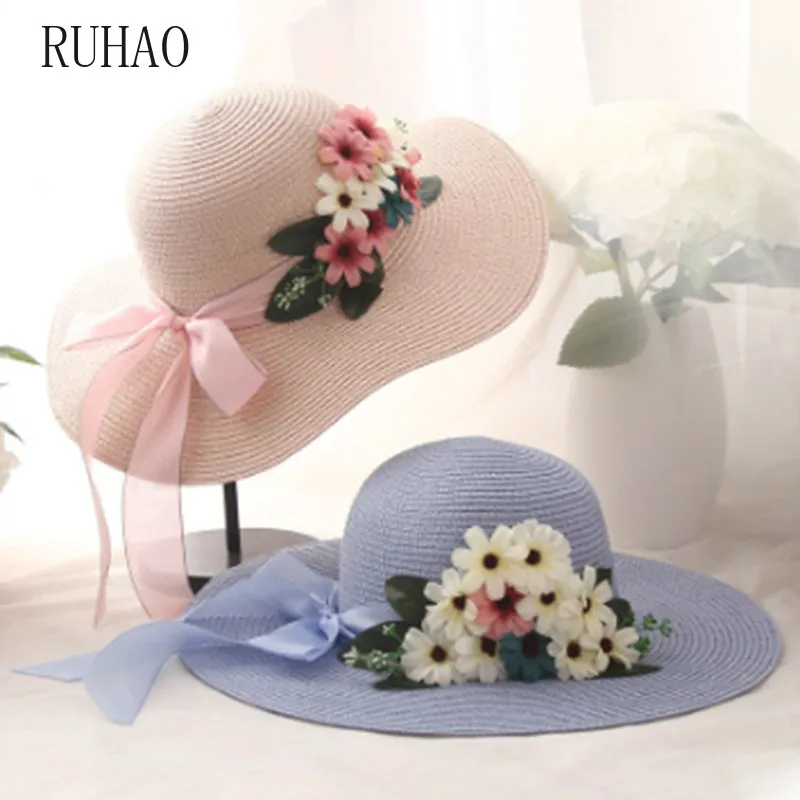 RUHAO Summer sun hats for women Big bowknot Straw Hat Foldable Girl wide brim floppy cap Vacation Beach Hats sun visor hat