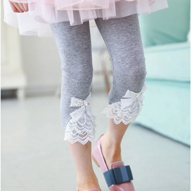 2020 Summer Girls Calf-length Leggings Baby Girl Mesh Spliced Pants Bow Lace Candy Color skinny Leggings Kids Pants